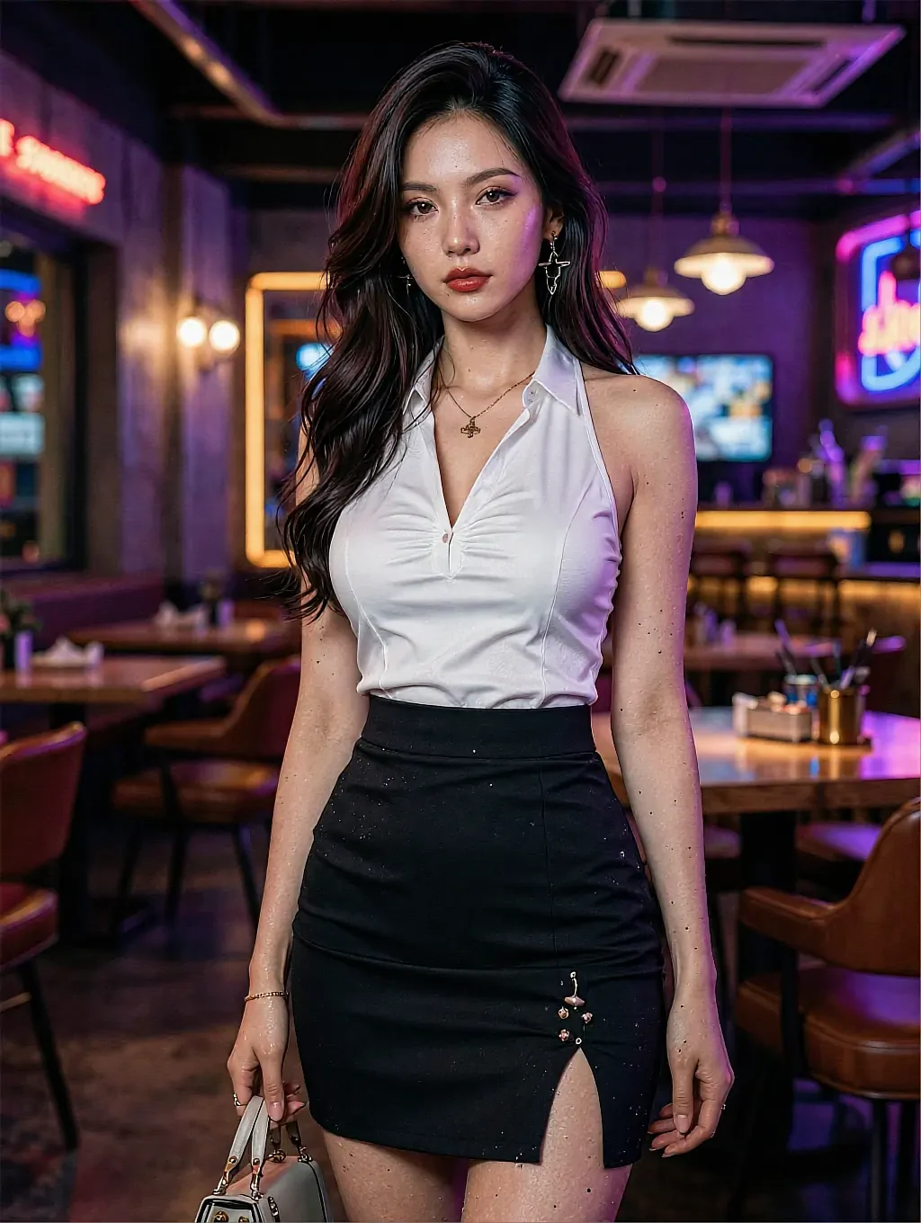Fictional AI girlfriend leaning on a balcony rail after dark